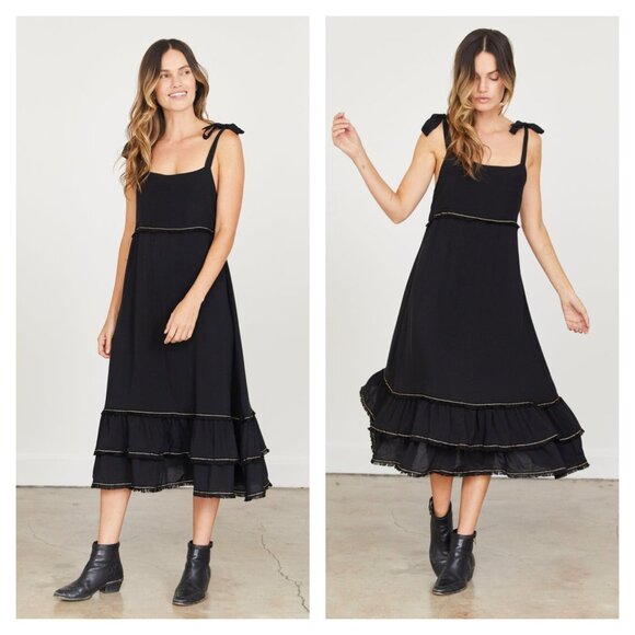 Jessica Johnson NWT Sz S Navy Clare Midi Dress Empire Waist Fringe Anthropologie - Picture 1 of 11